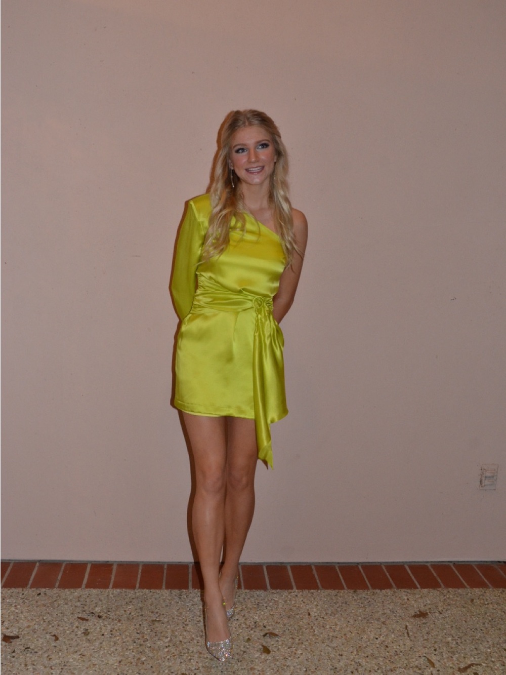 Amanda Uprichard One-Shoulder Satin Mini Dress in Lime